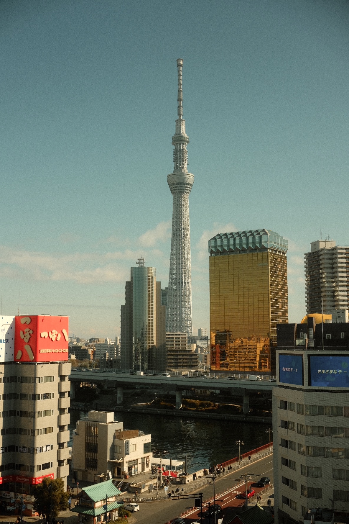 Tokyo Skytree rising above the Sumida River and Asakusa skyline.