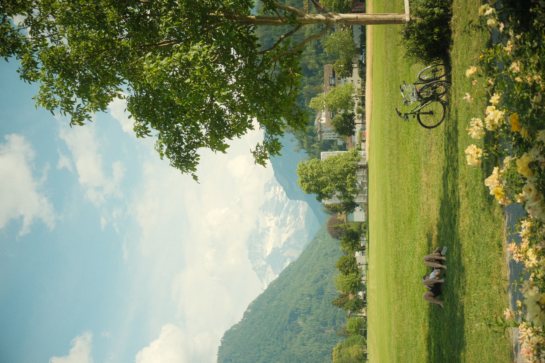 Couple resting on the lawn of Interlaken's Hohematte park with a bicycle and rose beds, the Jungfrau behind.